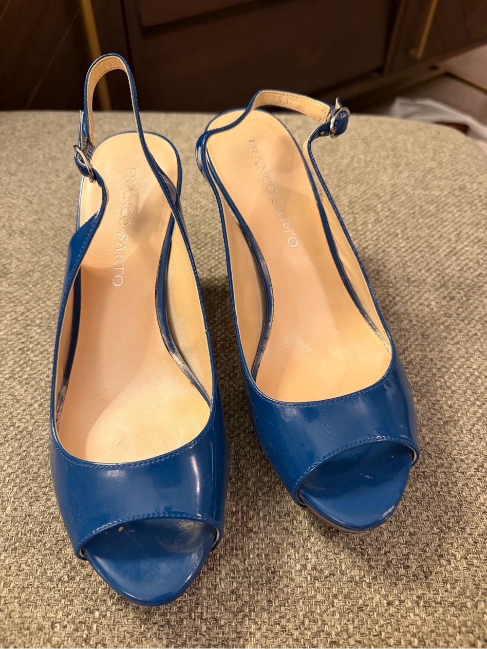 Franco Sarto Patent Blue Peep-Toe Slingback Heels